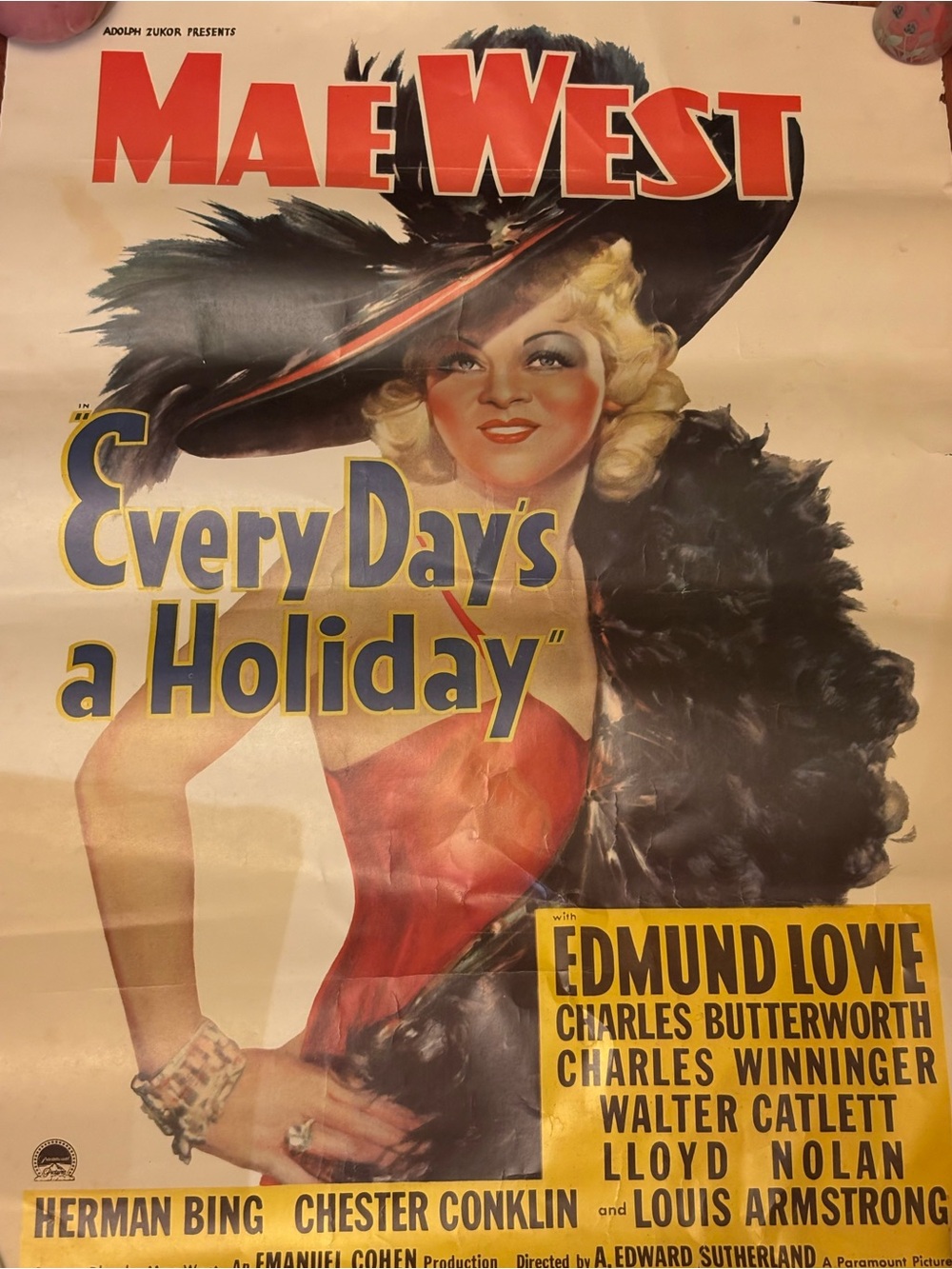 Original Vintage Mae West “Every Day’s a Holiday” Movie Poster 1930’s